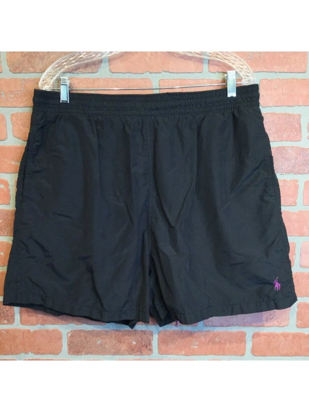 VTG Polo Ralph Lauren Mens Black Swim Trunks Purple Pony Logo Mesh Lining XXL